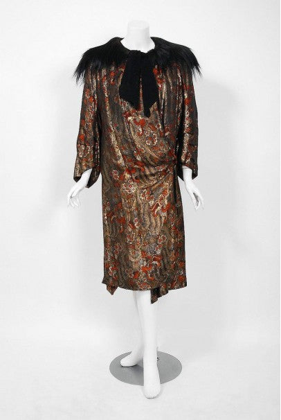 1920's Trevl Haute-Couture Metallic Feather Print Lamé & Monkey Fur Flapper Coat