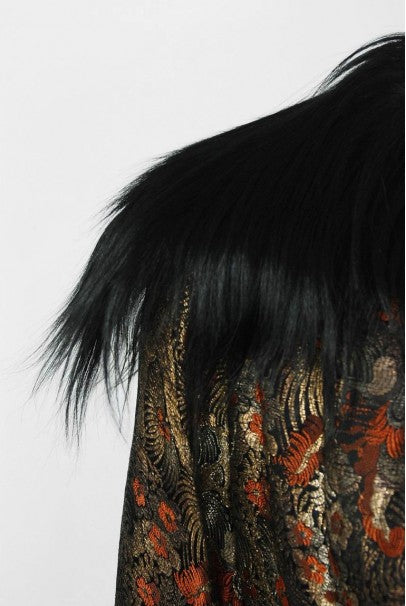 1920&#39;s Trevl Haute-Couture Metallic Feather Print Lamé &amp; Monkey Fur Flapper Coat