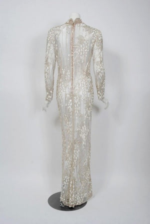 1993 Bob Mackie Couture Ivory Grapevines Beaded Sheer-Net Silk Hourglass Gown