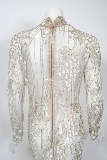 1993 Bob Mackie Couture Ivory Grapevines Beaded Sheer-Net Silk Hourglass Gown