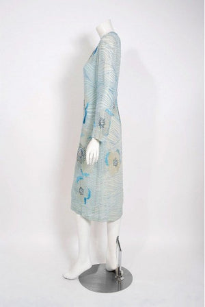 1977 Halston Light-Blue Beaded Sequin Floral Silk Crepe Long-Sleeve Shift Dress