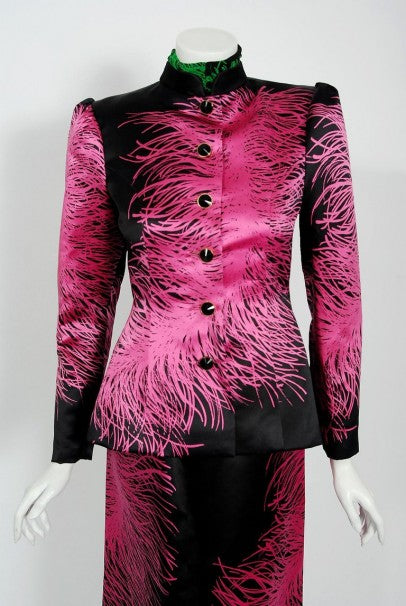 1979 Givenchy Haute Couture Novelty Feather Print Silk Jacket Blouse &amp; Skirt Set