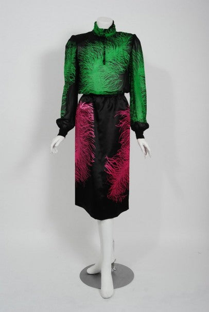 1979 Givenchy Haute Couture Novelty Feather Print Silk Jacket Blouse &amp; Skirt Set