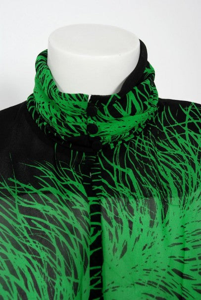 1979 Givenchy Haute Couture Novelty Feather Print Silk Jacket Blouse &amp; Skirt Set