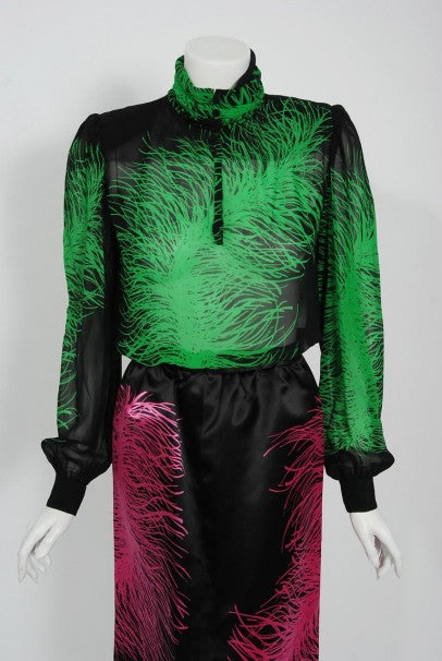 1979 Givenchy Haute Couture Novelty Feather Print Silk Jacket Blouse &amp; Skirt Set