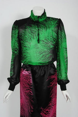 1979 Givenchy Haute Couture Novelty Feather Print Silk Jacket Blouse & Skirt Set