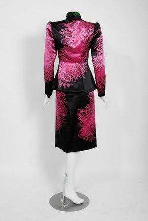 1979 Givenchy Haute Couture Novelty Feather Print Silk Jacket Blouse & Skirt Set