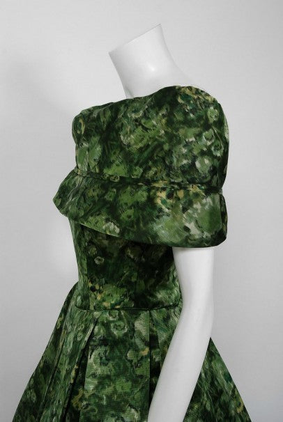 1950&#39;s Peggy Hunt Green Watercolor Floral Silk Portrait-Collar Pleated Dress