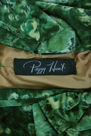 1950's Peggy Hunt Green Watercolor Floral Silk Portrait-Collar Pleated Dress