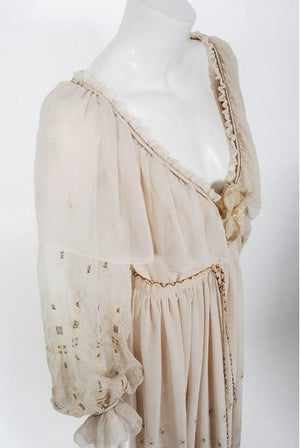 1970 Guy Laroche Haute-Couture Embroidered Beige Silk Billow Sleeve Plunge Gown