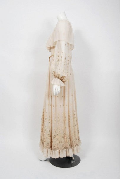 1971 Guy Laroche Haute Couture Embroidered Ivory Silk Billow Sleeve Plunge Gown