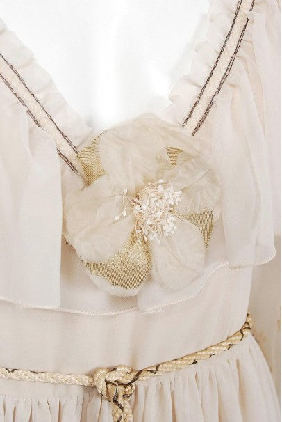 1971 Guy Laroche Haute Couture Embroidered Ivory Silk Billow Sleeve Plunge Gown