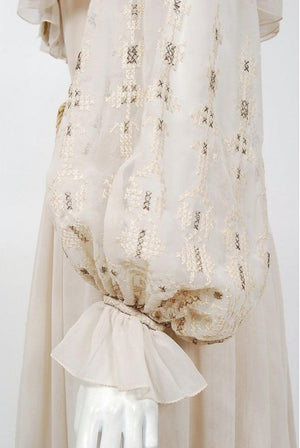 1970 Guy Laroche Haute-Couture Embroidered Beige Silk Billow Sleeve Plunge Gown