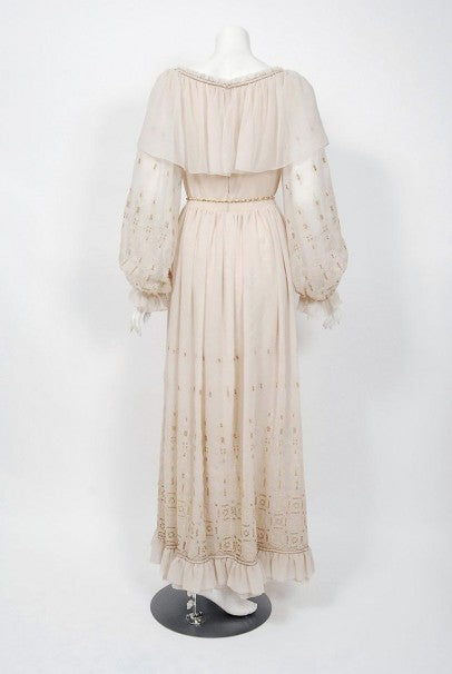 1971 Guy Laroche Haute Couture Embroidered Ivory Silk Billow Sleeve Plunge Gown