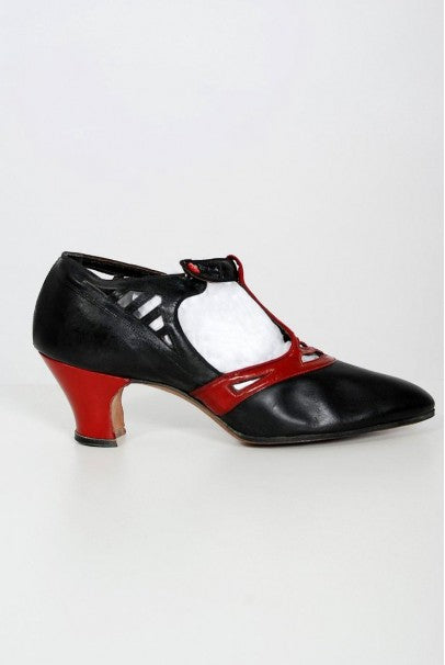 1920's Spiderweb Cut-Out Novelty Red & Black Leather Deco Flapper Shoes w/ Box