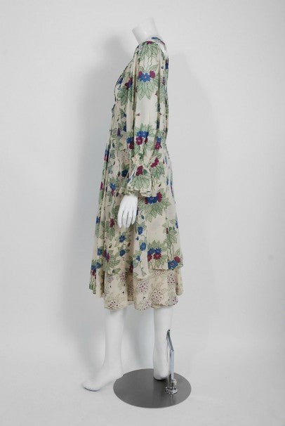 1973 Ossie Clark Couture Celia Birtwell Floral Print Tiered Silk Chiffon Dress