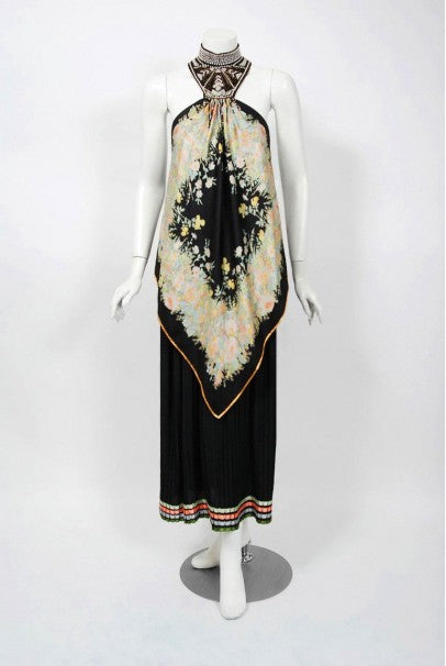 1976 Bill Gibb Documented Floral Silk Beaded Halter Pleated Backless Dress