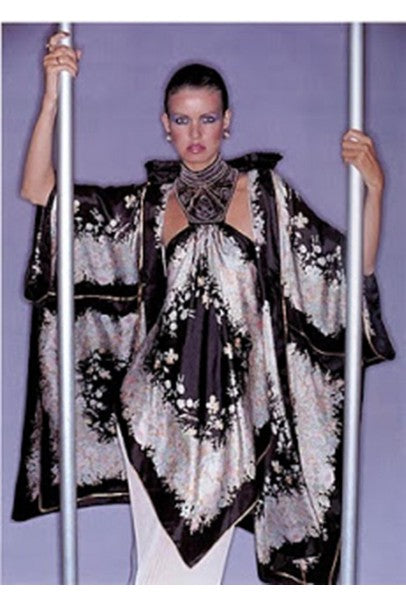 1976 Bill Gibb Documented Floral Silk Beaded Halter Pleated Backless Dress