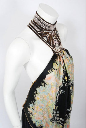 1976 Bill Gibb Documented Floral Silk Beaded Halter Pleated Backless Dress