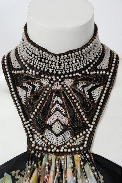 1976 Bill Gibb Documented Floral Silk Beaded Halter Pleated Backless Dress