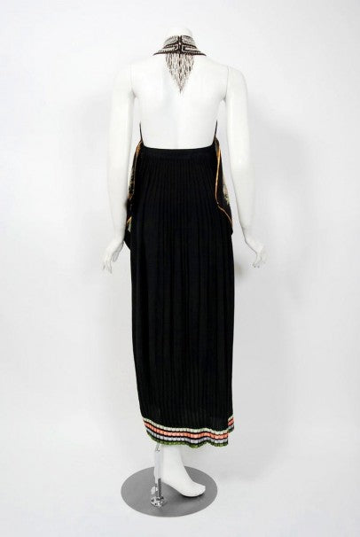 1976 Bill Gibb Documented Floral Silk Beaded Halter Pleated Backless Dress