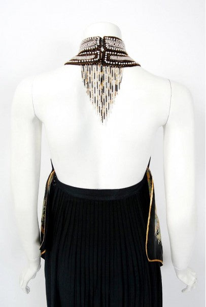 1976 Bill Gibb Documented Floral Silk Beaded Halter Pleated Backless Dress