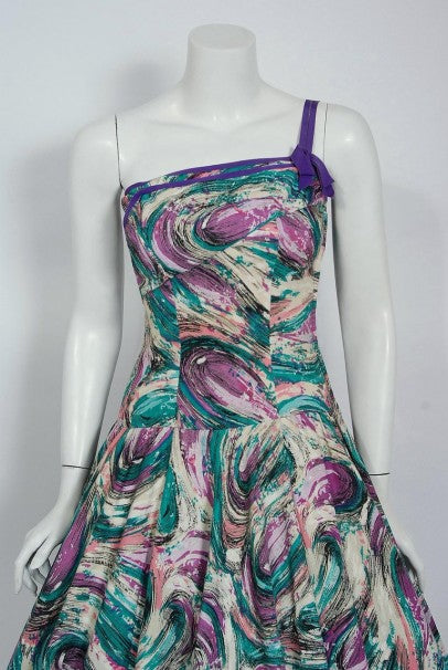 1950&#39;s Perullo Abstract Atomic Purple Blue Cotton Pique One-Shoulder Full Dress