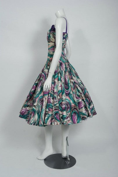 1950&#39;s Perullo Abstract Atomic Purple Blue Cotton Pique One-Shoulder Full Dress