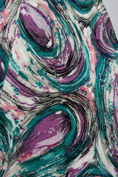 1950&#39;s Perullo Abstract Atomic Purple Blue Cotton Pique One-Shoulder Full Dress