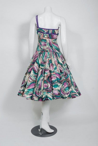 1950&#39;s Perullo Abstract Atomic Purple Blue Cotton Pique One-Shoulder Full Dress