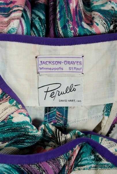 1950&#39;s Perullo Abstract Atomic Purple Blue Cotton Pique One-Shoulder Full Dress