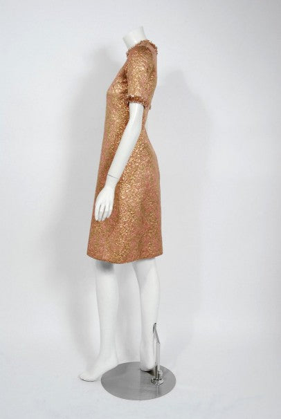 1966 Yves Saint Laurent Paris Beaded Metallic Pink Gold Brocade Cocktail Dress 1966 Yves Saint Laurent Paris Beaded Metallic Pink Gold Brocade Cocktail Dress