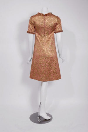 1966 Yves Saint Laurent Paris Beaded Metallic Pink Gold Brocade Cocktail Dress