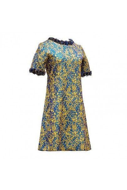 1966 Yves Saint Laurent Paris Beaded Metallic Pink Gold Brocade Cocktail Dress