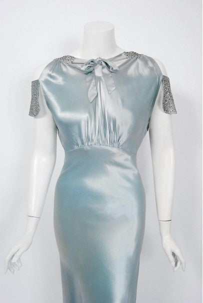 1930's Ice Blue Rhinestone Silk Cut-Out Shoulder Backless Bias-Cut Deco Gown