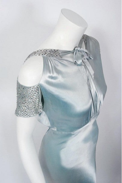 1930&#39;s Ice Blue Rhinestone Silk Cut-Out Shoulder Backless Bias-Cut Deco Gown