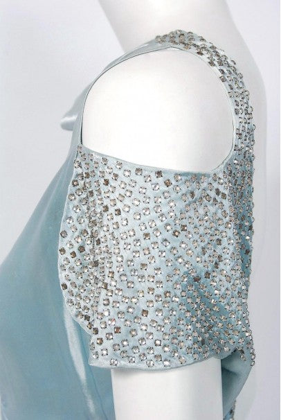 1930&#39;s Ice Blue Rhinestone Silk Cut-Out Shoulder Backless Bias-Cut Deco Gown