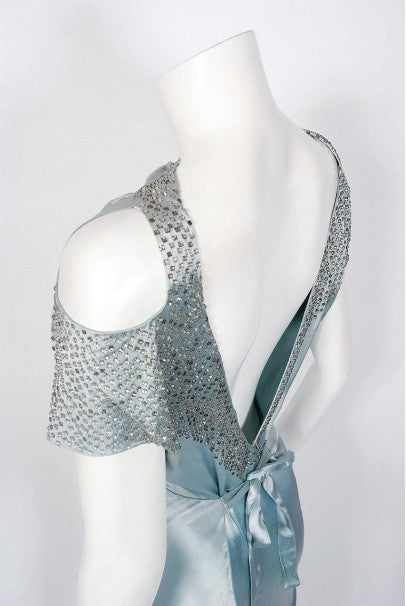 1930&#39;s Ice Blue Rhinestone Silk Cut-Out Shoulder Backless Bias-Cut Deco Gown