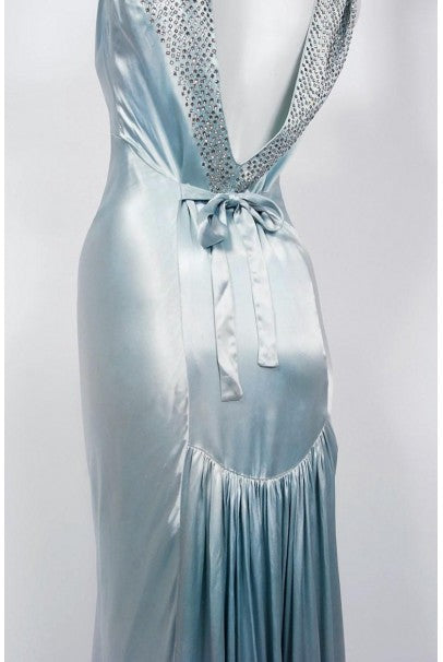 1930&#39;s Ice Blue Rhinestone Silk Cut-Out Shoulder Backless Bias-Cut Deco Gown
