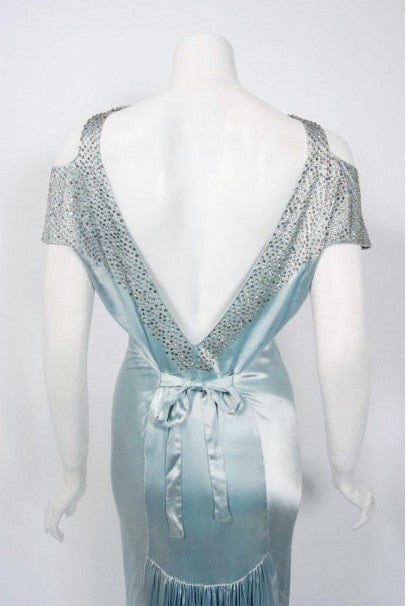 1930&#39;s Ice Blue Rhinestone Silk Cut-Out Shoulder Backless Bias-Cut Deco Gown