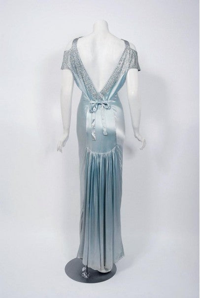 1930's Ice Blue Rhinestone Silk Cut-Out Shoulder Backless Bias-Cut Deco Gown 1930's Ice Blue Rhinestone Silk Cut-Out Shoulder Backless Bias-Cut Deco Gown