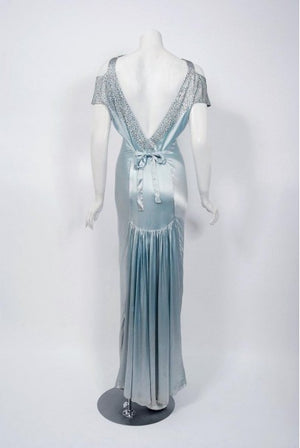 1930's Ice Blue Rhinestone Silk Cut-Out Shoulder Backless Bias-Cut Deco Gown