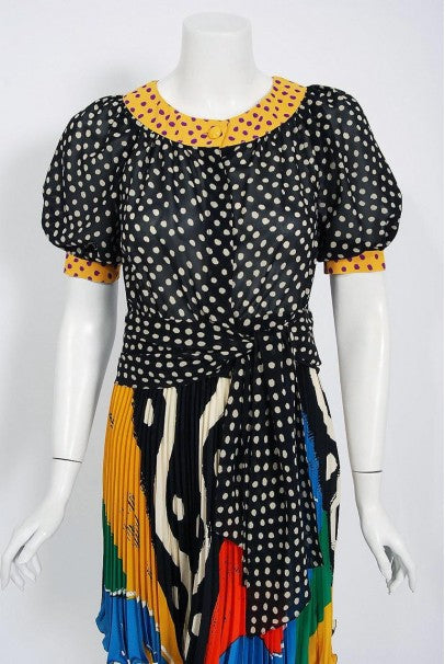 1990 Ungaro Paris Colorful Abstract Print Silk Puff-Sleeve Pleated Mini Ensemble