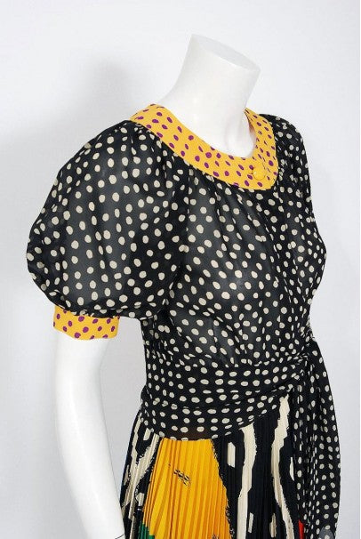 1990 Ungaro Paris Colorful Abstract Print Silk Puff-Sleeve Pleated Mini Ensemble