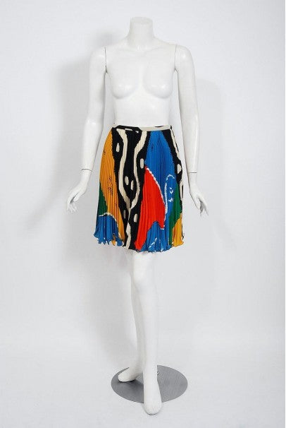 1990 Ungaro Paris Colorful Abstract Print Silk Puff-Sleeve Pleated Mini Ensemble
