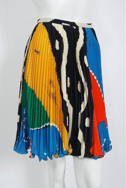 1990 Ungaro Paris Colorful Abstract Print Silk Puff-Sleeve Pleated Mini Ensemble