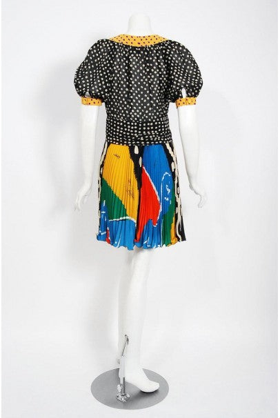 1990 Ungaro Paris Colorful Abstract Print Silk Puff-Sleeve Pleated Mini Ensemble