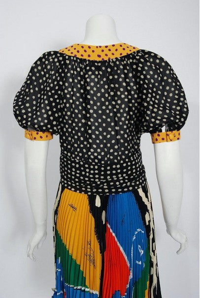 1990 Ungaro Paris Colorful Abstract Print Silk Puff-Sleeve Pleated Mini Ensemble
