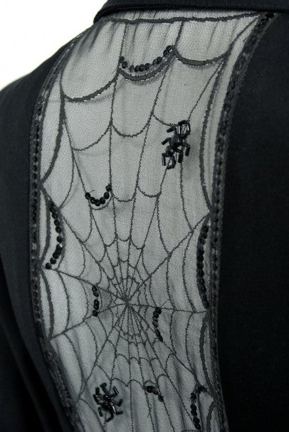 1973 Jean Varon Documented &#39;Cobweb&#39; Spider Novelty Jersey Billow-Sleeve Dress
