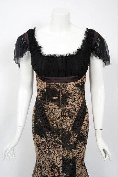 2002 Alexander McQueen Lifetime Runway Lace &amp; Metallic Silk Corset Fishtail Gown